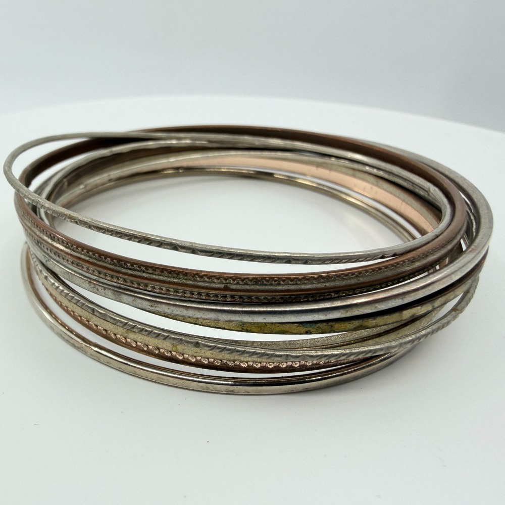 VTG Retro Tri-Tone Mixed Metal Textured Stacking Bangle Bracelet Set